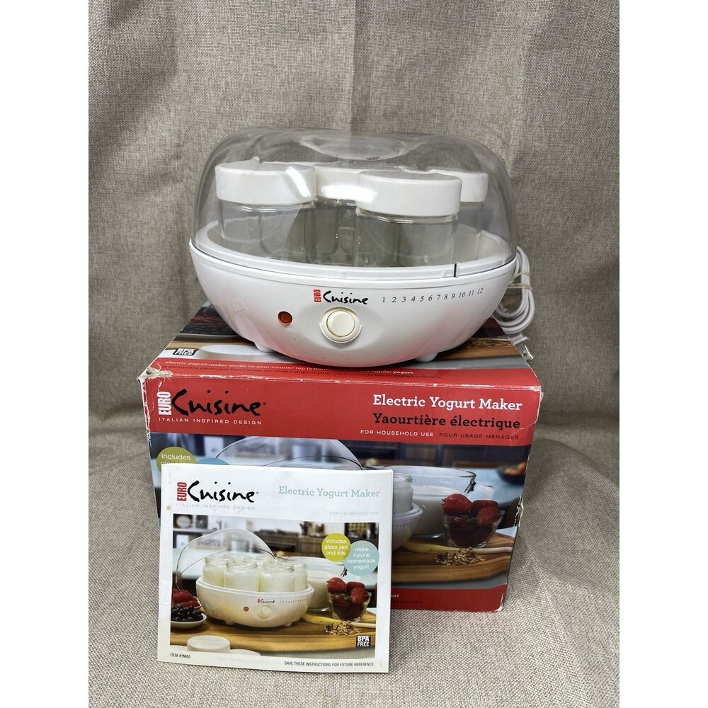 Euro Cuisine YM80 Electric Yogurt Maker Glass Jars White W/Instructions CLEAN